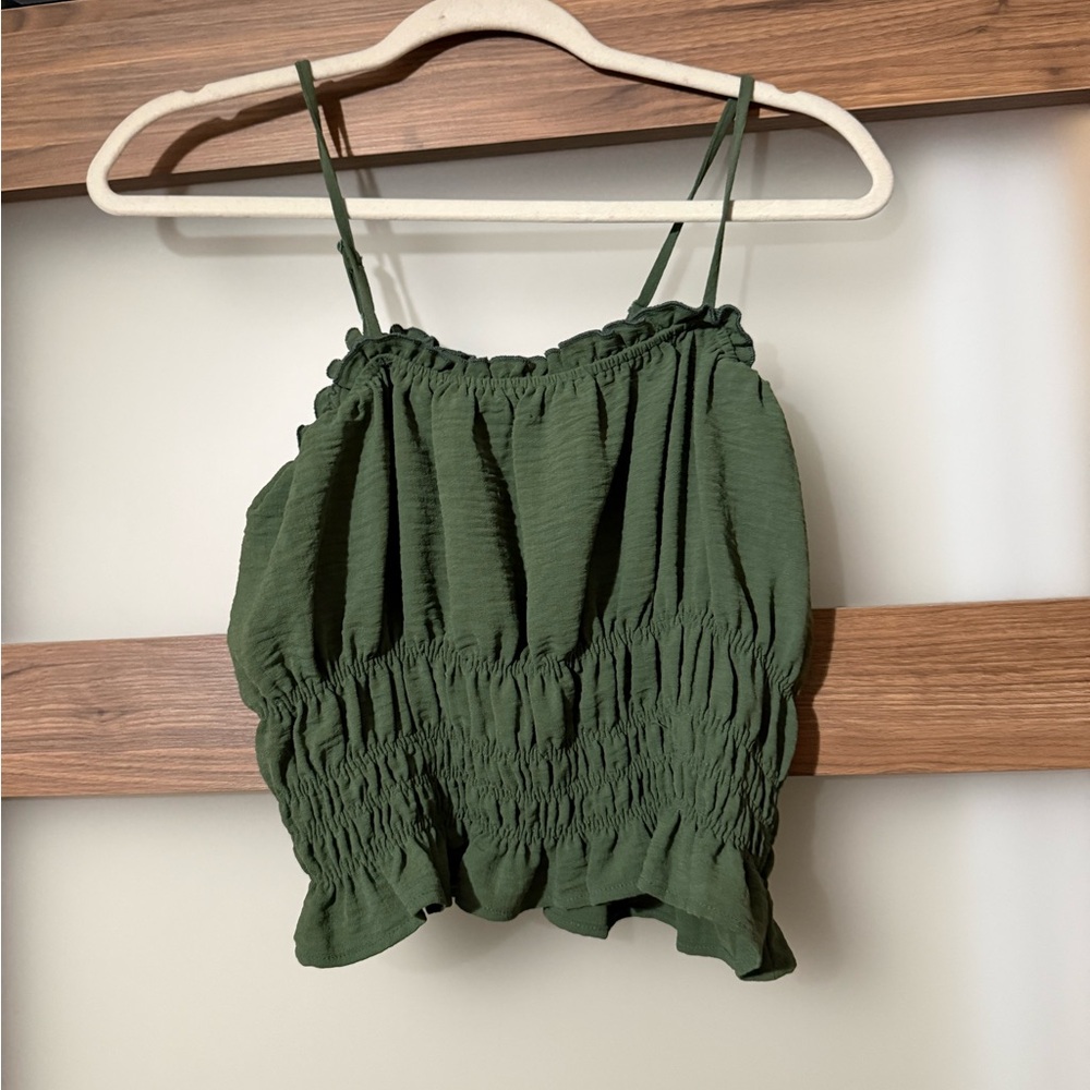 Paper Crane Olive Green Smocked Camisole with Spaghetti Straps